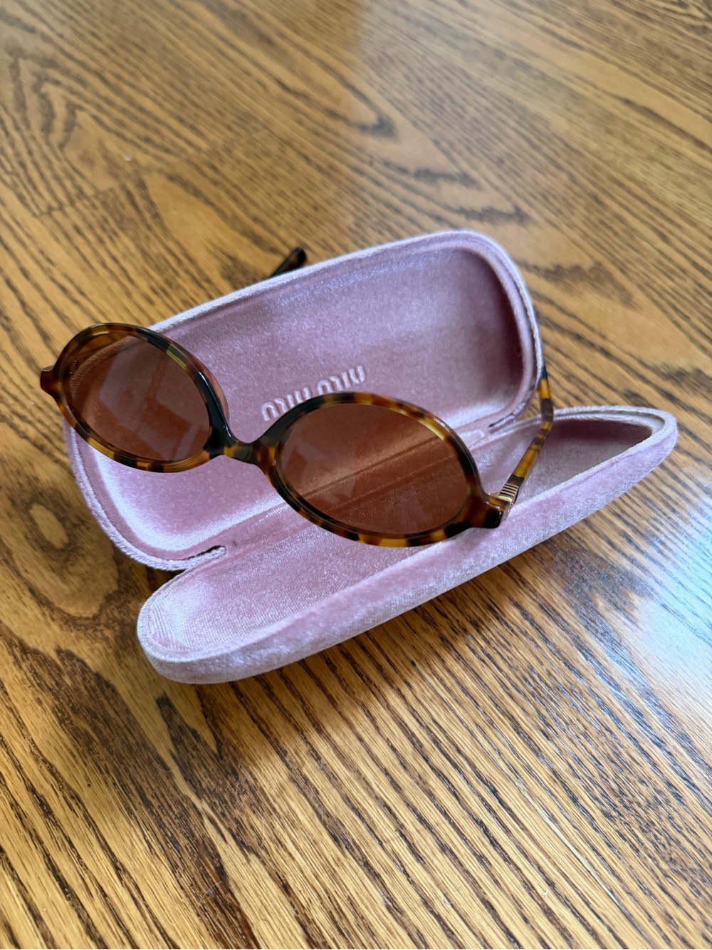 Miu Miu Tortoiseshell Oval Sunglasses with Brown Lenses and Pink Velvet Case